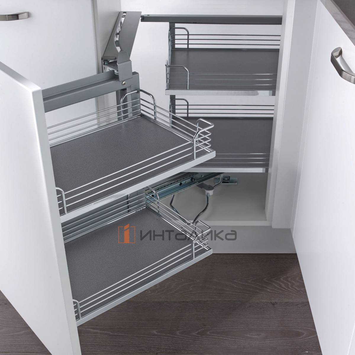 Волшебный уголок КЕССЕБЁМЕР / KESSEBOHMER 450, 4 полки Арена Классик, 4 доводчика, антискользящее покрытие, H525, G32, левый, хром