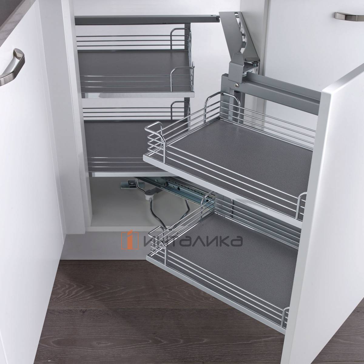 Волшебный уголок КЕССЕБЁМЕР / KESSEBOHMER 450, 4 полки Арена Классик, 4 доводчика, антискользящее покрытие, H525, G32, правый, хром