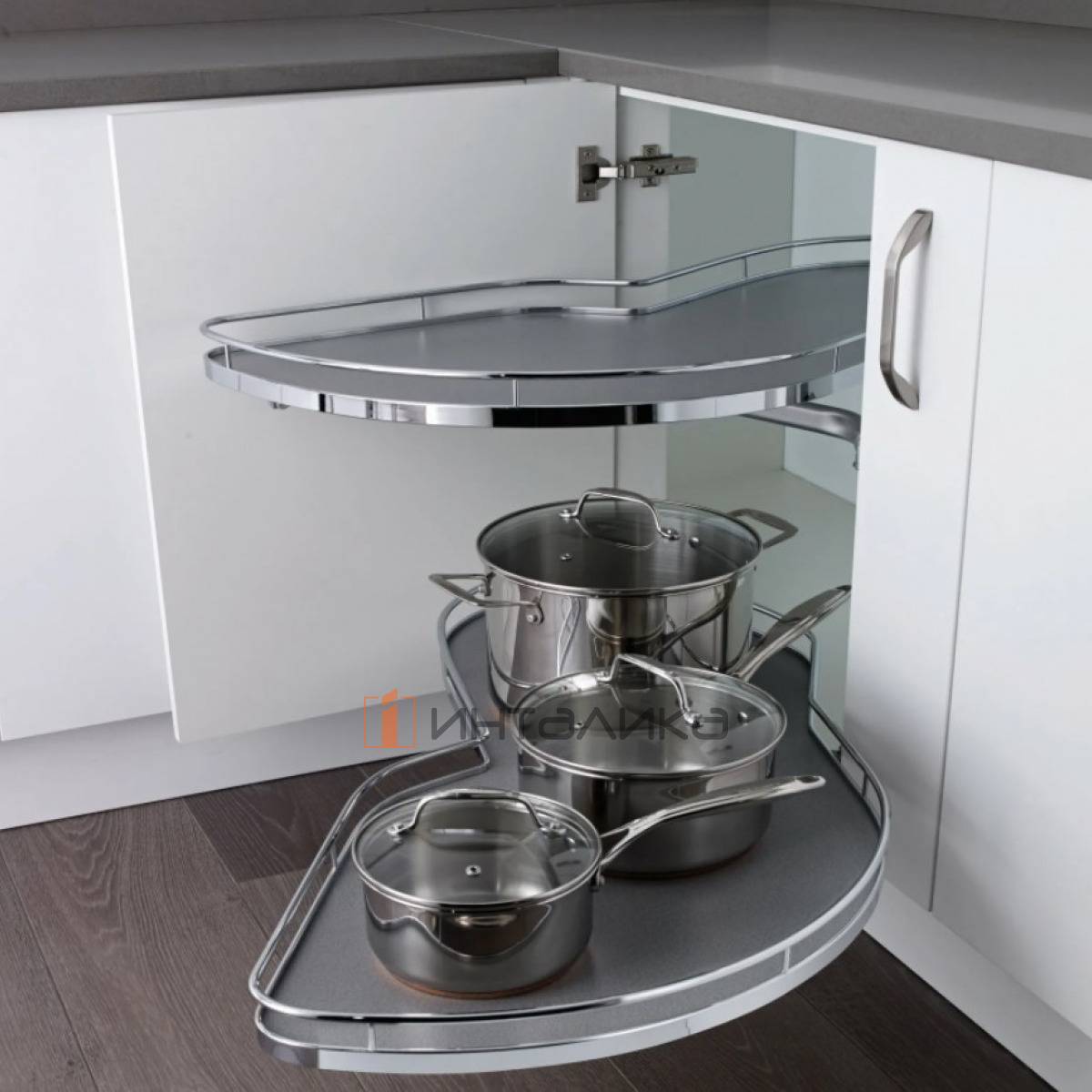 Комплект КЕССЕБЁМЕР / KESSEBOHMER Ле Манс 500, 2 полки Арена Классик, 2 доводчика, антискользящее покрытие, H600-750мм, правый, хром