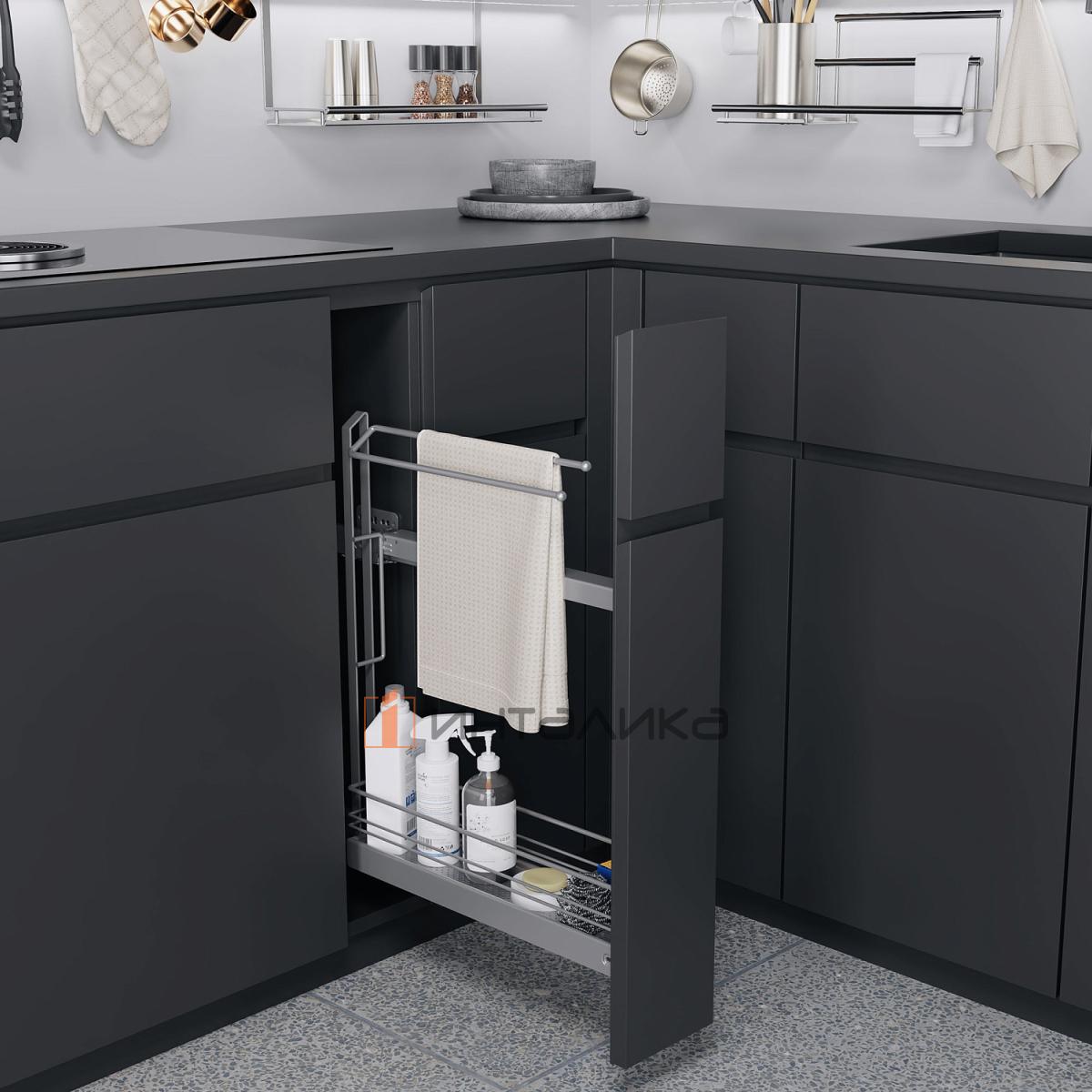 Бутылочница КЕССЕБЁМЕР / KESSEBOHMER №15, с полотенцедержателем, 1 полка Арена Классик, с доводчиком на закрывание, 150х500х590, G10, титан