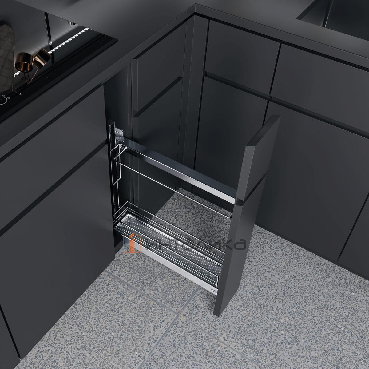 Бутылочница КЕССЕБЁМЕР / KESSEBOHMER №15, с противнедержателем, 1 полка Арена Классик, с доводчиком на закрывание, 150х500х540, G10, хром