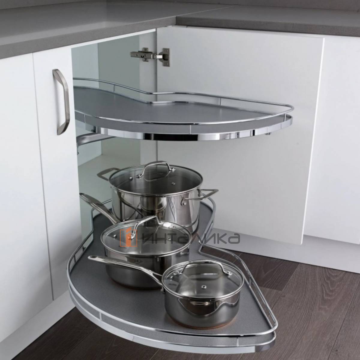 Комплект КЕССЕБЁМЕР / KESSEBOHMER Ле Манс 450, 2 полки Арена Классик, 2 доводчика, антискользящее покрытие, H600-750мм, левый, хром