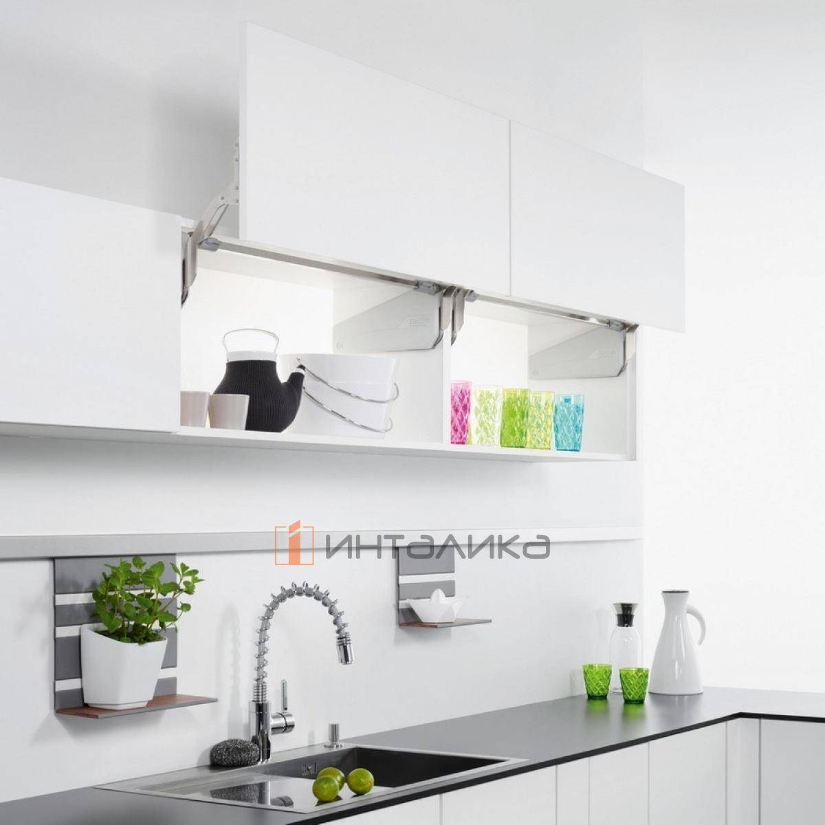 Комплект вертикального подъемного механизма КЕССЕБЁМЕР / KESSEBOHMER ФриСлайд / FreeSlide, тип R4us, для деревянных фасадов, H 430-600мм, ширина до 1200мм, G 7,4-14,6кг, серый