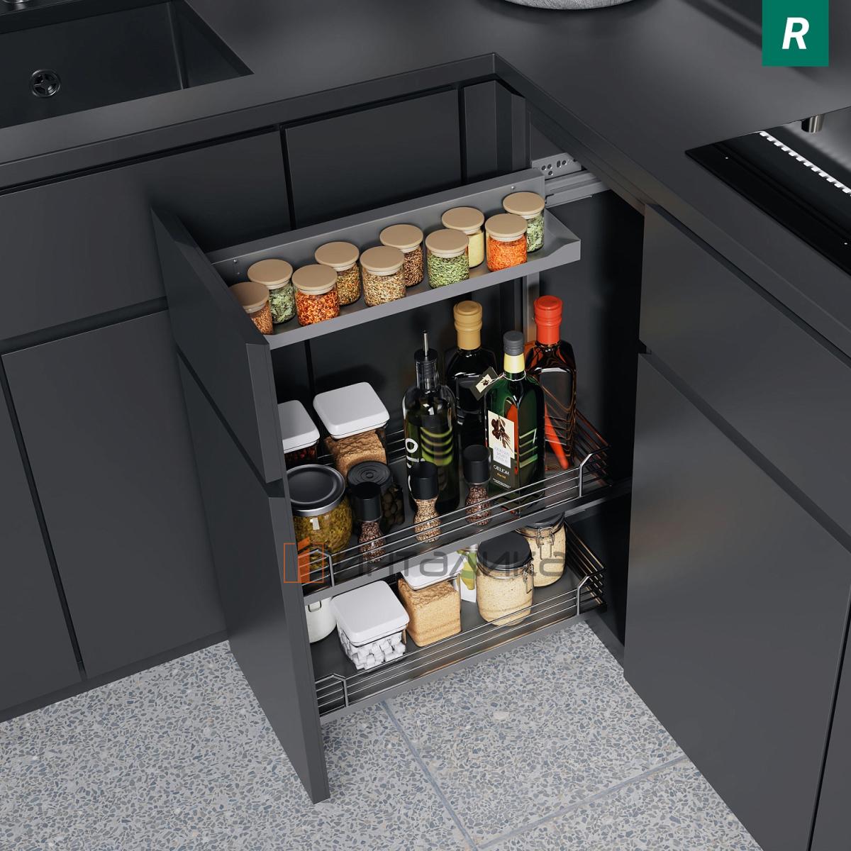 Комплект КЕССЕБЁМЕР / KESSEBOHMER Комфорт II 300, 2 полки Арена Классик + полка для специй, с доводчиком, антискользящее покрытие, H654, G28, правый, серый/хром