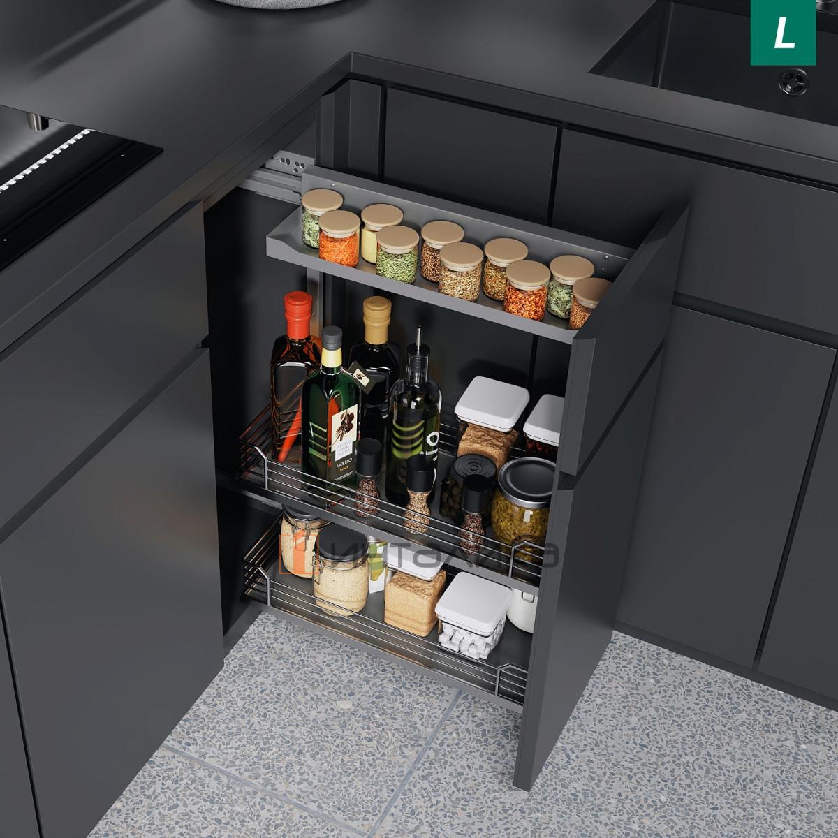 Комплект КЕССЕБЁМЕР / KESSEBOHMER Комфорт II 400, 2 полки Арена Классик + полка для специй, с доводчиком, антискользящее покрытие, H654, G28, левый, серый/хром