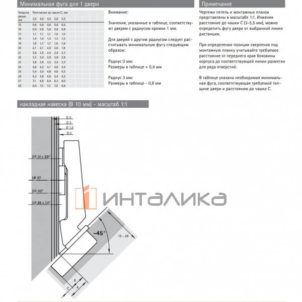 Петля HETTICH Интермат / Intermat 9944 W-45 (B10) 125°, угловая, для дверей 15-28 мм, накладная, Ø35, под пресс, никель l 77720 l