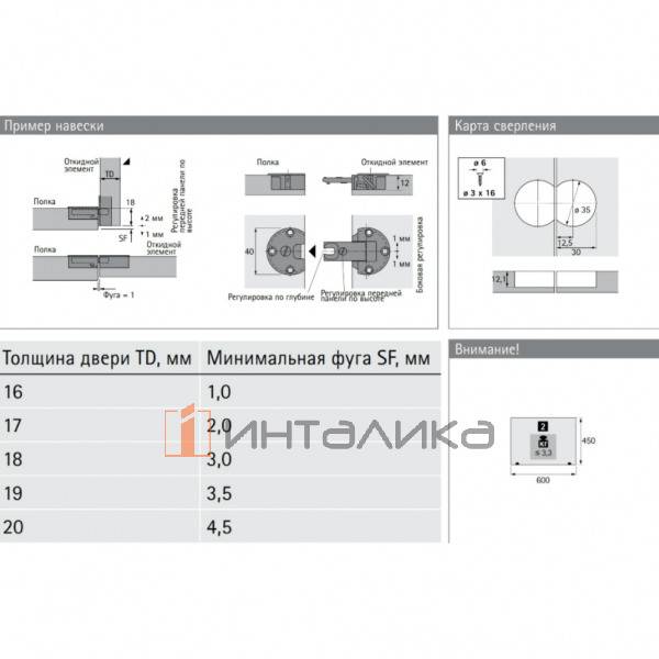 Петля HETTICH Маркант / Markant 11, для дверей 16-20 мм, для откидных элементов, Ø35, под саморезы, никель