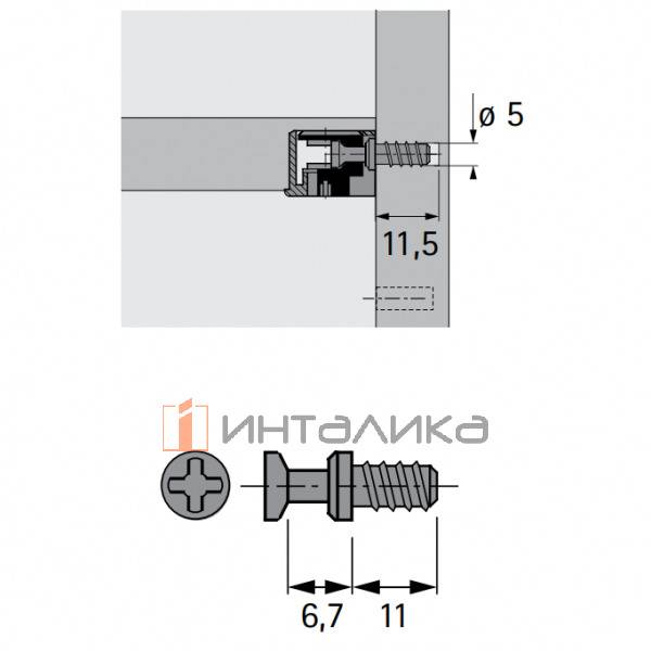 Дюбель ввинчиваемый HETTICH ДУ / DU 321, L6.7 / 11мм, резьба для отверстий Ø5 мм
