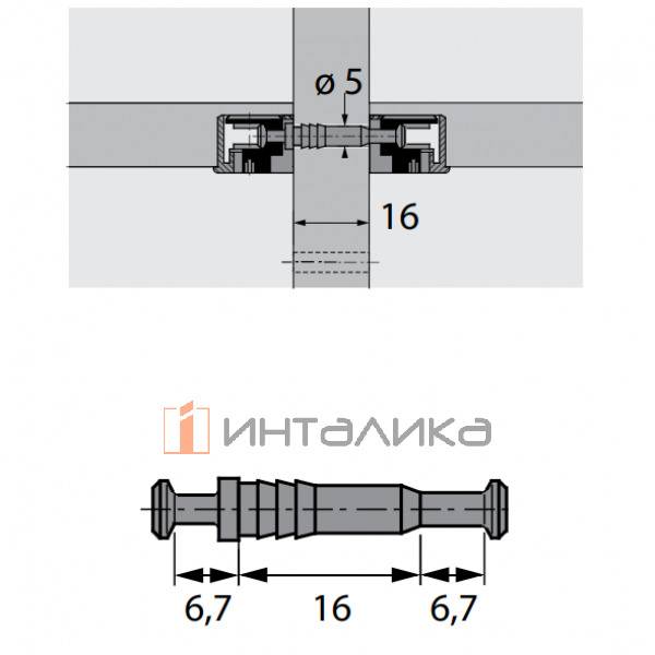 Дюбель двойной HETTICH ДУ / DU 712, L6.7 / 16 / 6.7мм, резьба для отверстий Ø5 мм