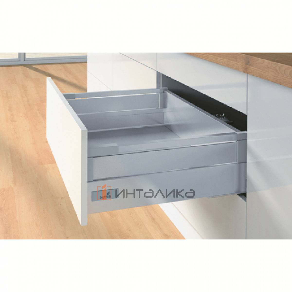 Фасадный ящик с ТопСайд / TopSide HETTICH ИнноТех Атира Квадро Открывание нажатием / InnoTech Atira Quadro V6 Push to Open, полное выдвижение, H144, NL300, G30, под саморез, серебристый