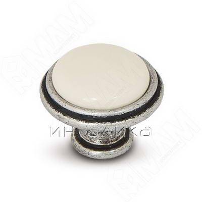 Ручка-кнопка D30мм серебро состаренное/керамика молочная