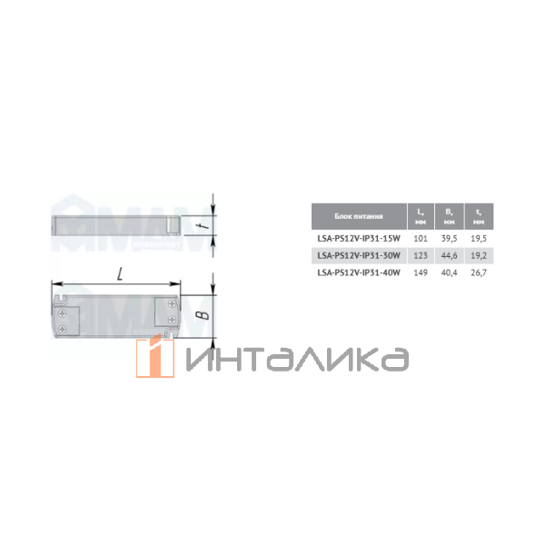 Блок питания AC-230/DC-12V, IP20, 30W