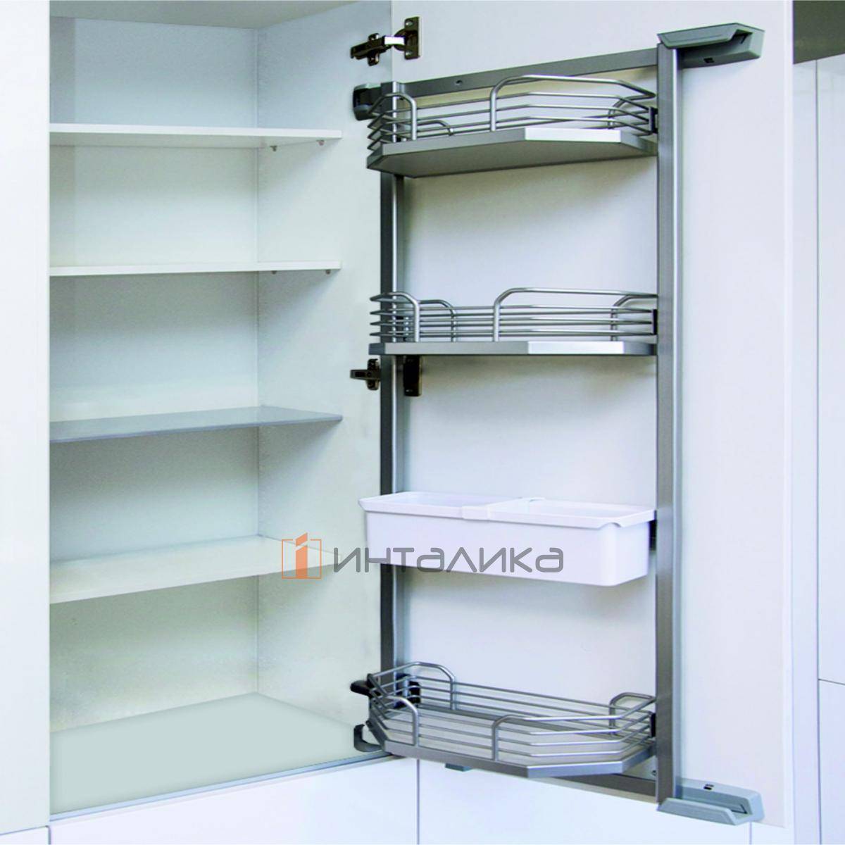 Распашной шкаф-колонна КЕССЕБЁМЕР / KESSEBOHMER Тандем Сайд 600, 4 полоки Арена Классик, Антислип, H1100, G25, хром