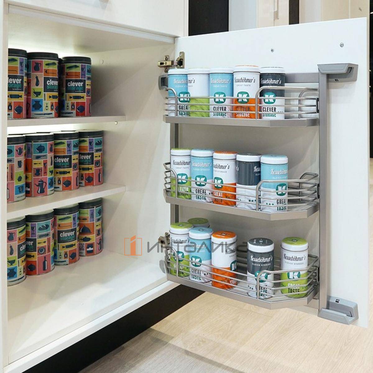 Распашной шкаф-колонна КЕССЕБЁМЕР / KESSEBOHMER Тандем Сайд 600, 3 полки Арена Классик, Антислип, H800, G25, хром