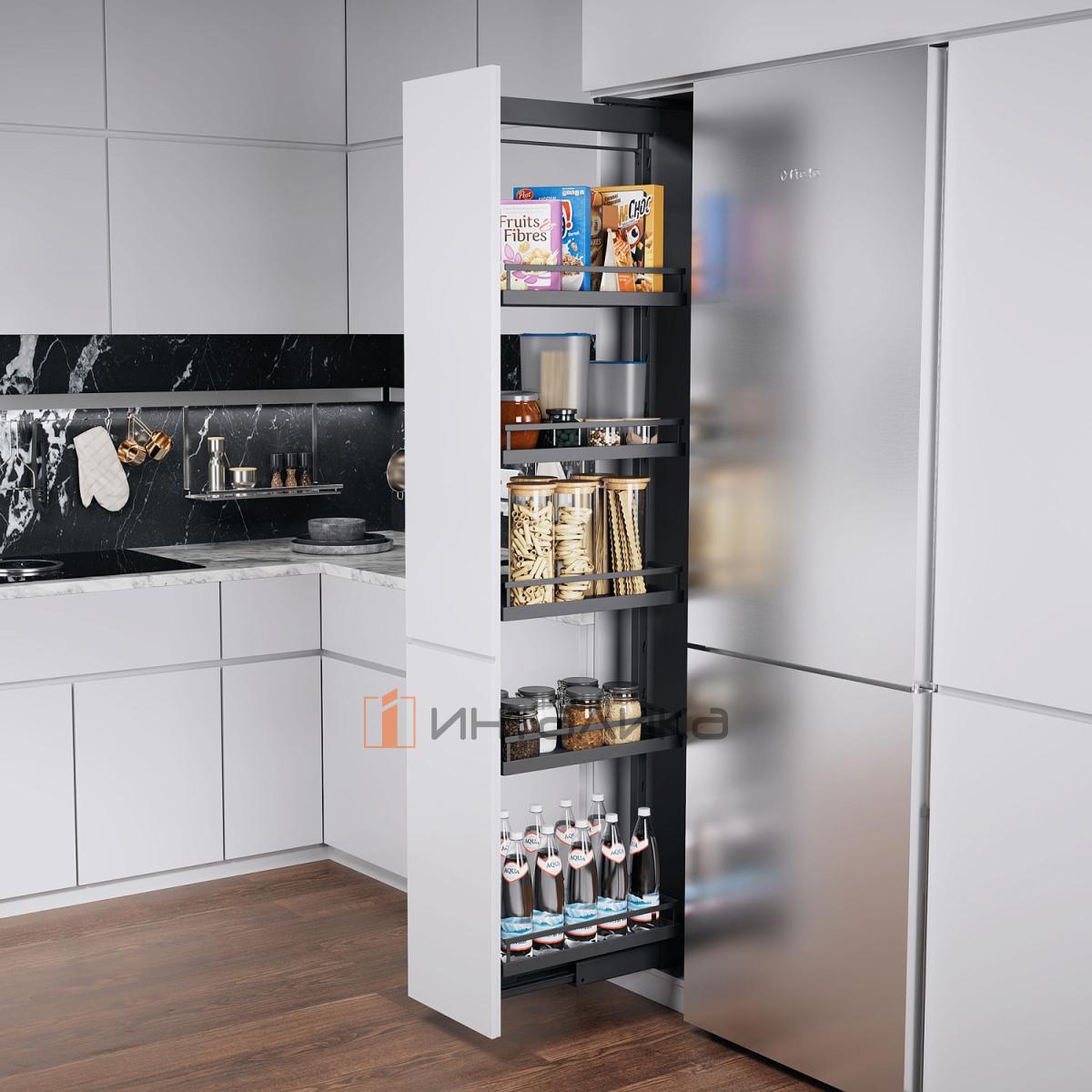 Выдвижной шкаф-колонна КЕССЕБЁМЕР / KESSEBOHMER Диспенса 300, 5 полок Арена Стиль, с доводчиком на открывание и закрывание, полное выдвижение, Антислип, 1600-2000, антрацит