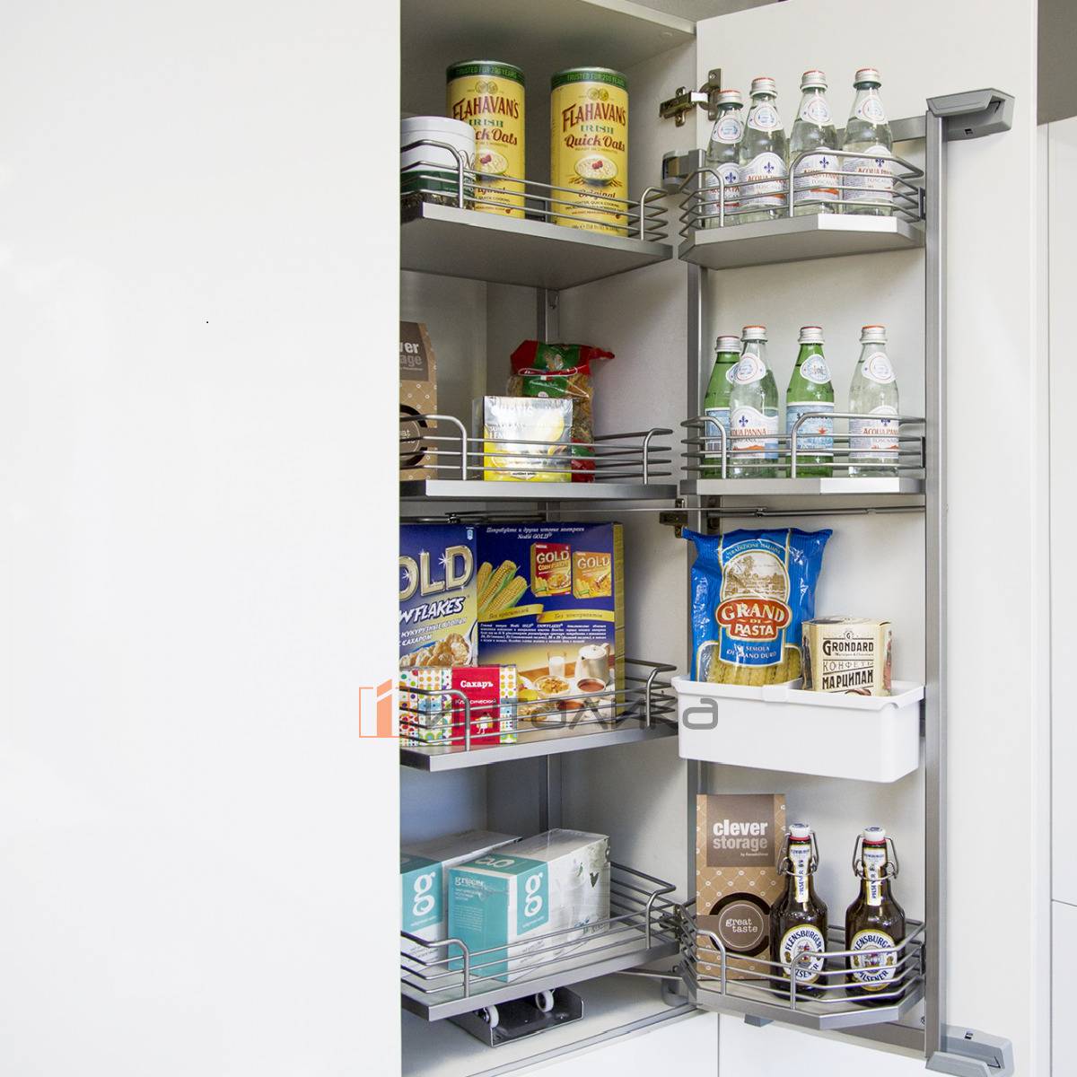 Распашной шкаф-колонна КЕССЕБЁМЕР / KESSEBOHMER Тандем II 500, 8 полок Арена Классик, с доводчиком на закрывание, Антислип, H1100, G85, серый/хром