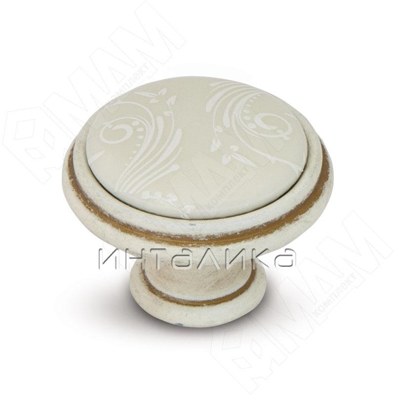 Ручка-кнопка D35мм cлоновая кость/золото винтаж, керамика белые узоры (WPO.781.000.00V5)