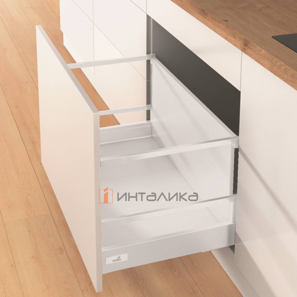 Фасадный ящик с релингом, с произвольной высотой задней стенки HETTICH ИнноТех Атира Квадро Бесшумное закрывание / InnoTech Atira Quadro 25 Silent System, полное выдвижение, H144, NL260, G25, под саморез, белый