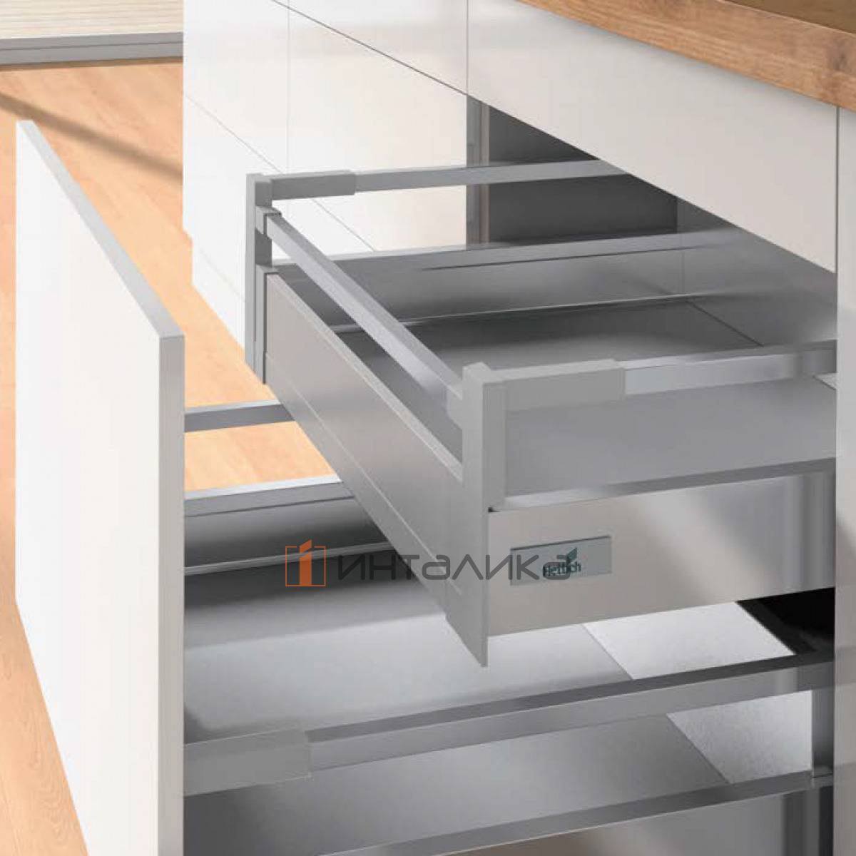 Внутренний ящик с релингом HETTICH ИнноТех Атира Квадро V6 Открывание нажатием / InnoTech Atira Quadro V6 Push to Open, полное выдвижение, B600, H144, NL420, G30, серебристый