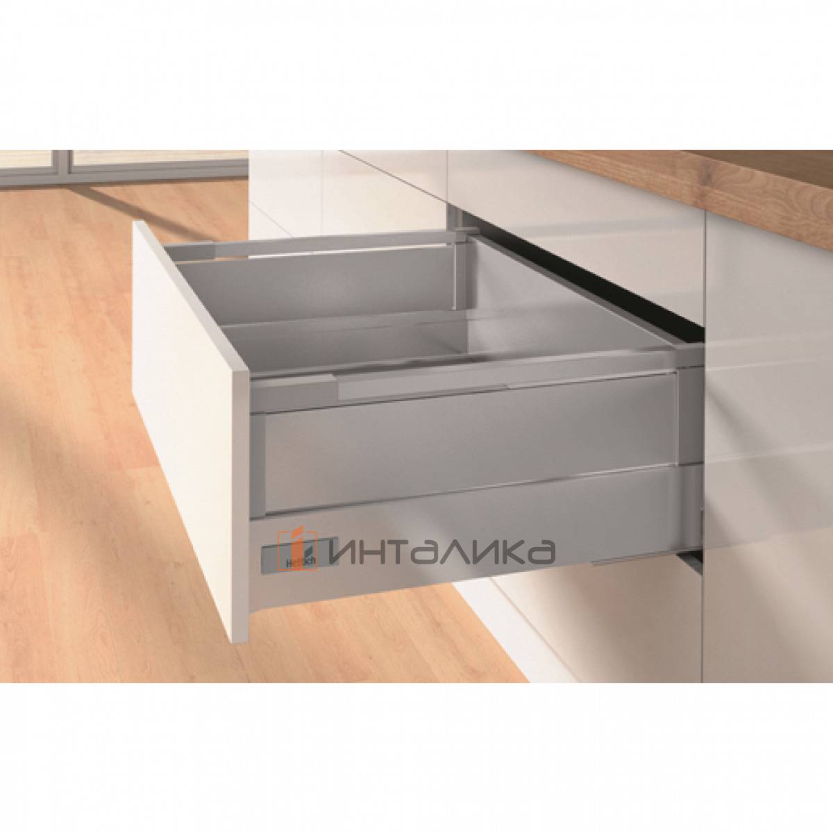 Фасадный ящик с ТопСайд / TopSide HETTICH ИнноТех Атира Квадро Открывание нажатием, бесшумное закрывание / InnoTech Atira Quadro V6 Push to Open Silent, полное выдвижение, H176, NL420, G30, снаряжённый вес ящика 10-30, серебристый