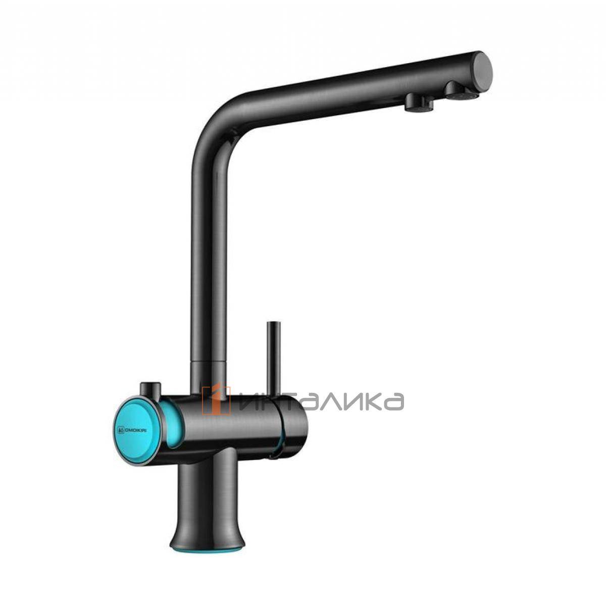 Смеситель Omoikiri HOTARU однорычажный, с выводом для питьевой воды, вороненая сталь | голубой