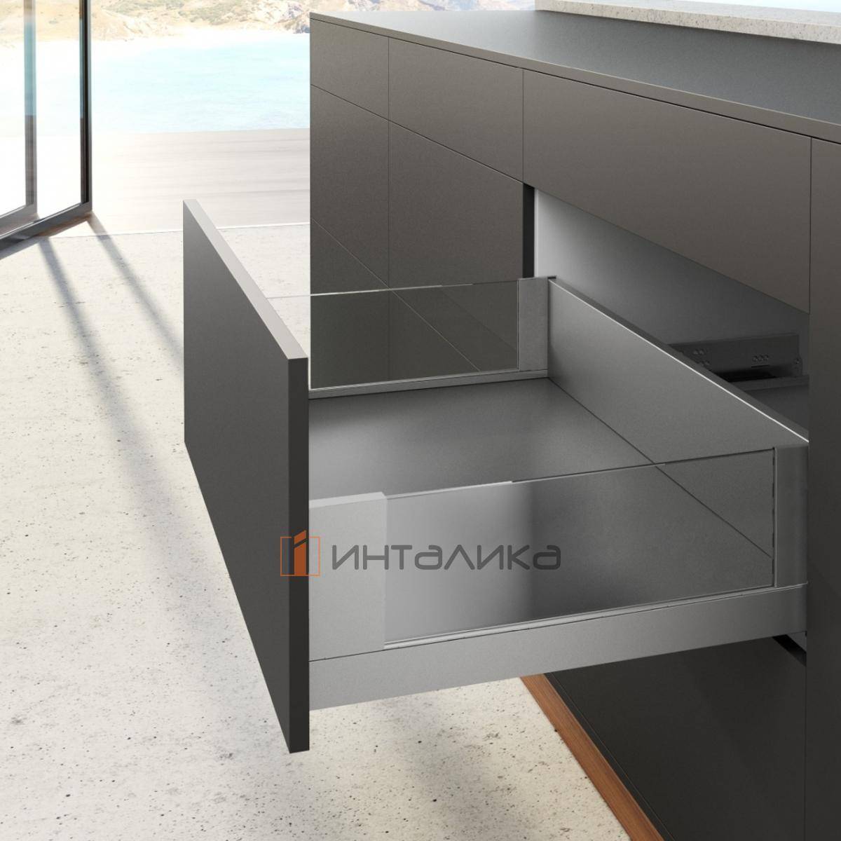 Фасадный ящик HETTICH АванТех Ю Квадро Инлей, Бесшумное закрывание / AvanTech You Quadro M INLAY Silent System, полное выдвижение, H187, NL600, G30, серебристый