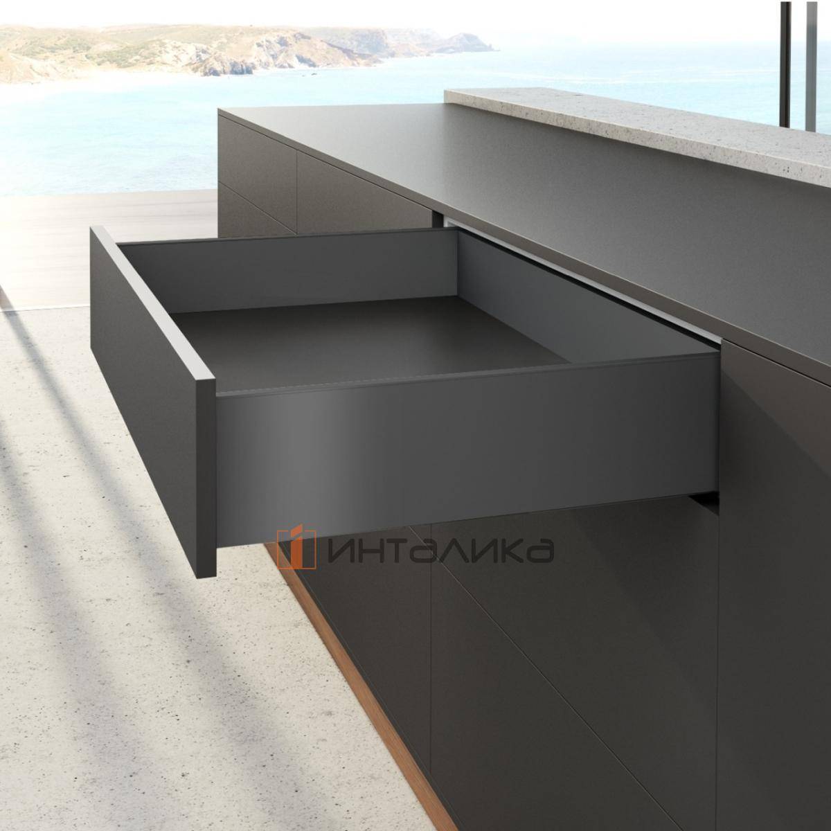 Фасадный ящик HETTICH АванТех Ю Квадро Ю Открывание нажатием, бесшумное закрывание / AvanTech You Quadro M Push to Open Silent, полное выдвижение, H139, NL550, G30, снаряжённый вес ящика 10-30, антрацит