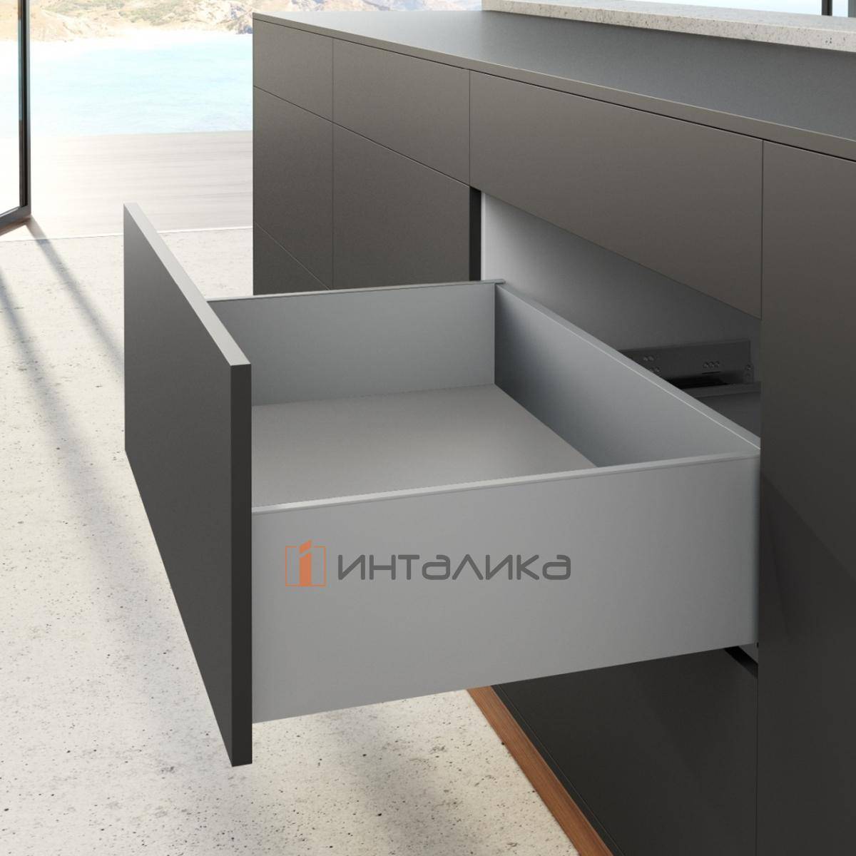 Фасадный ящик HETTICH АванТех Ю Актро Открывание нажатием, бесшумное закрывание / AvanTech You Actro L Push to Open Silent, полное выдвижение, H187, NL500, G40, снаряжённый вес ящика 8-20, серебристый