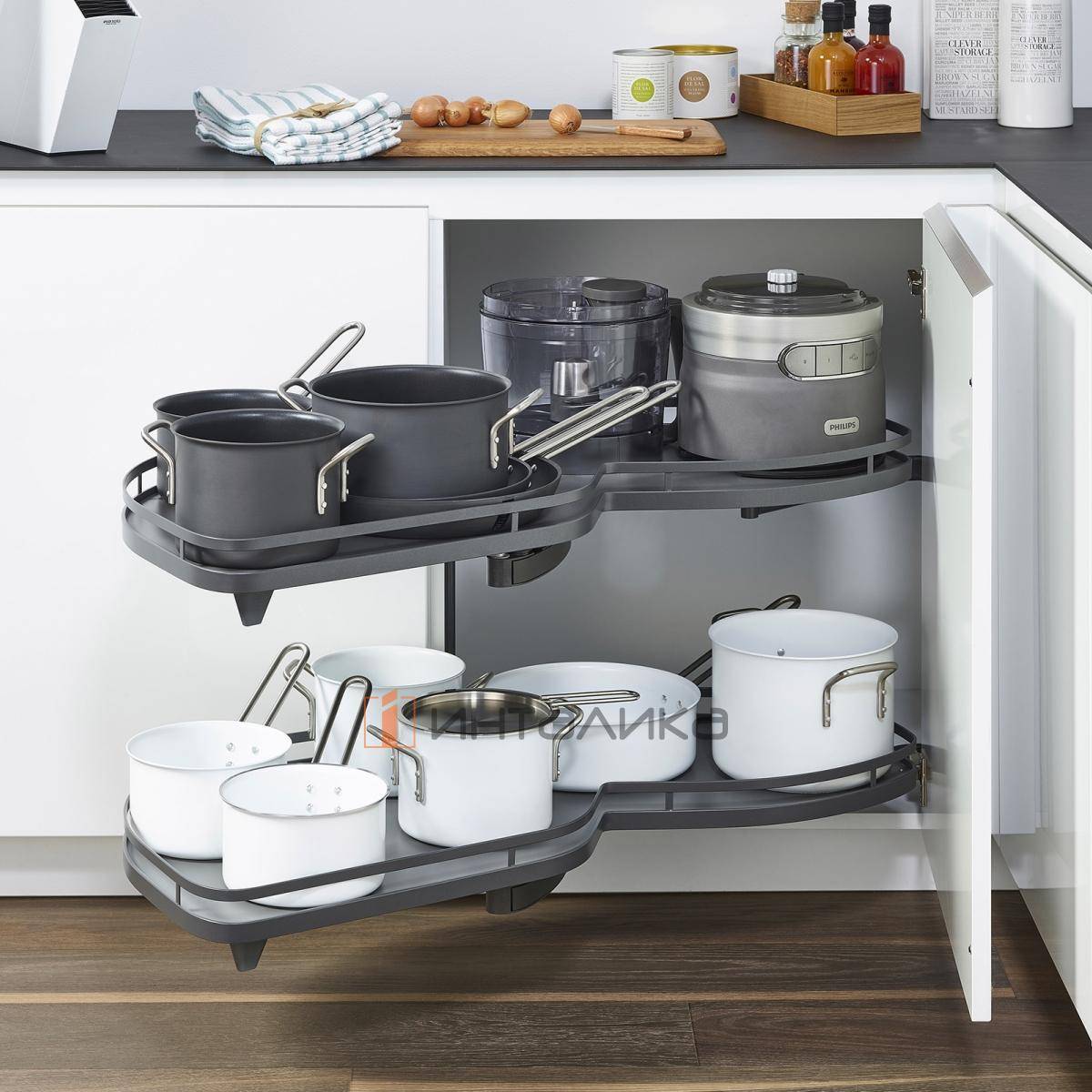 Комплект КЕССЕБЁМЕР / KESSEBOHMER Ле Манс 500, 2 полки Арена Стиль, 2 доводчика, антискользящее покрытие, H600-750мм, левый, антрацит