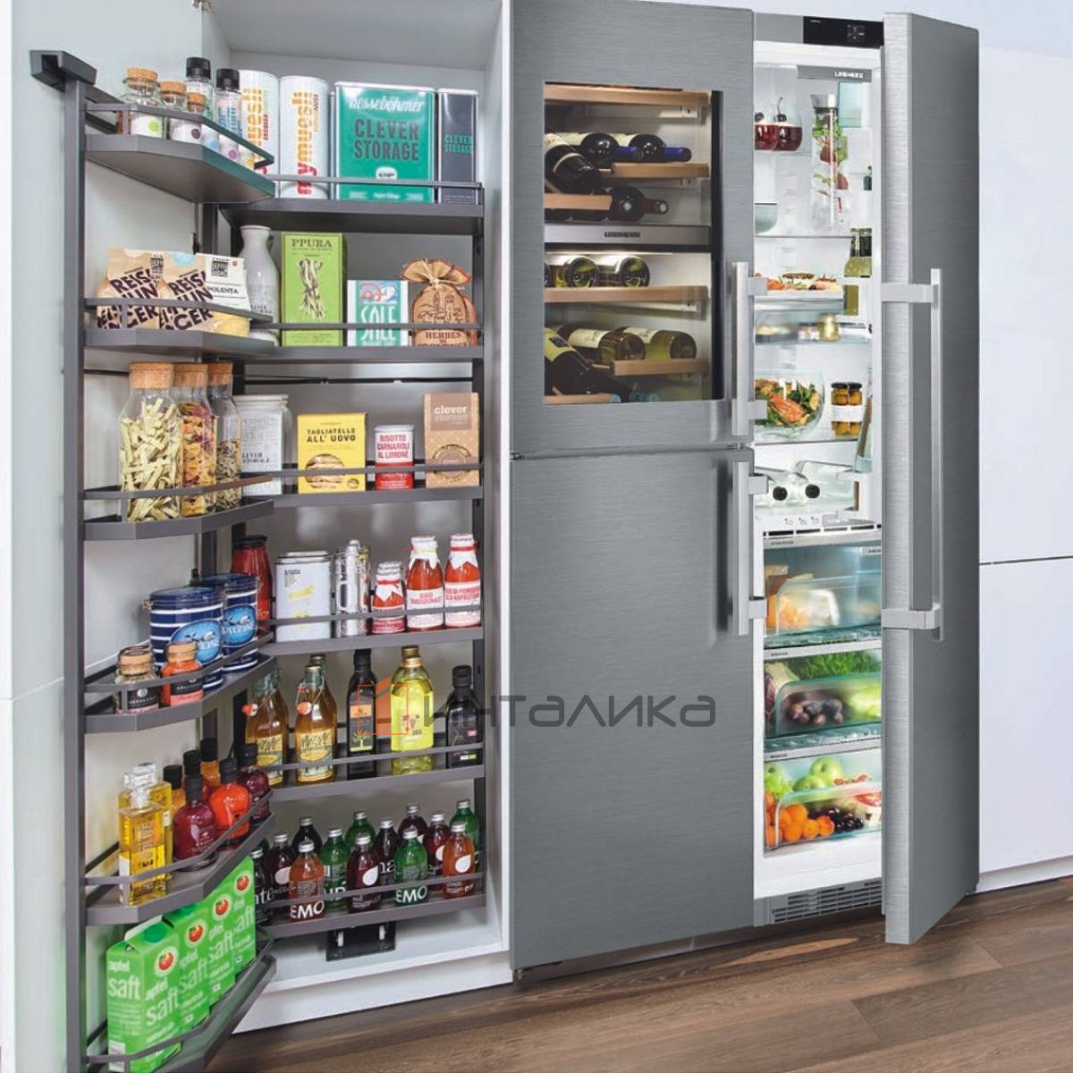 Распашной шкаф-колонна КЕССЕБЁМЕР / KESSEBOHMER Тандем II 500, 10 полок Арена Стиль, с доводчиком на закрывание, Антислип, H1700, G85, антрацит