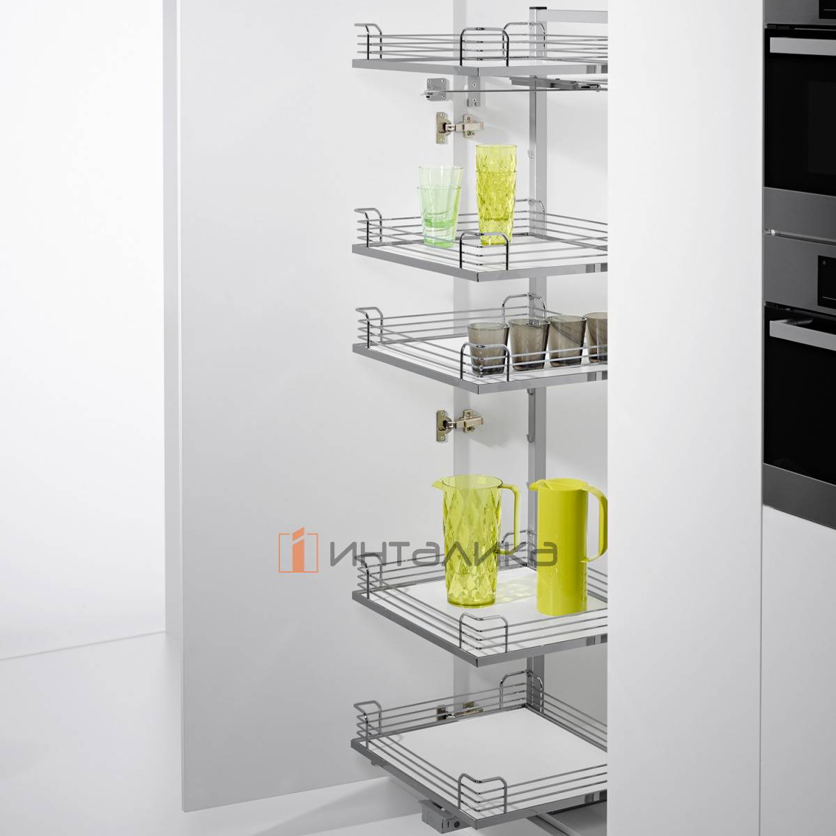 Распашной шкаф-колонна КЕССЕБЁМЕР / KESSEBOHMER Тандем Соло 600, 6 полок Арена Классик с доводчиком на закрывание, Антислип, H1800, G100, серый/хром