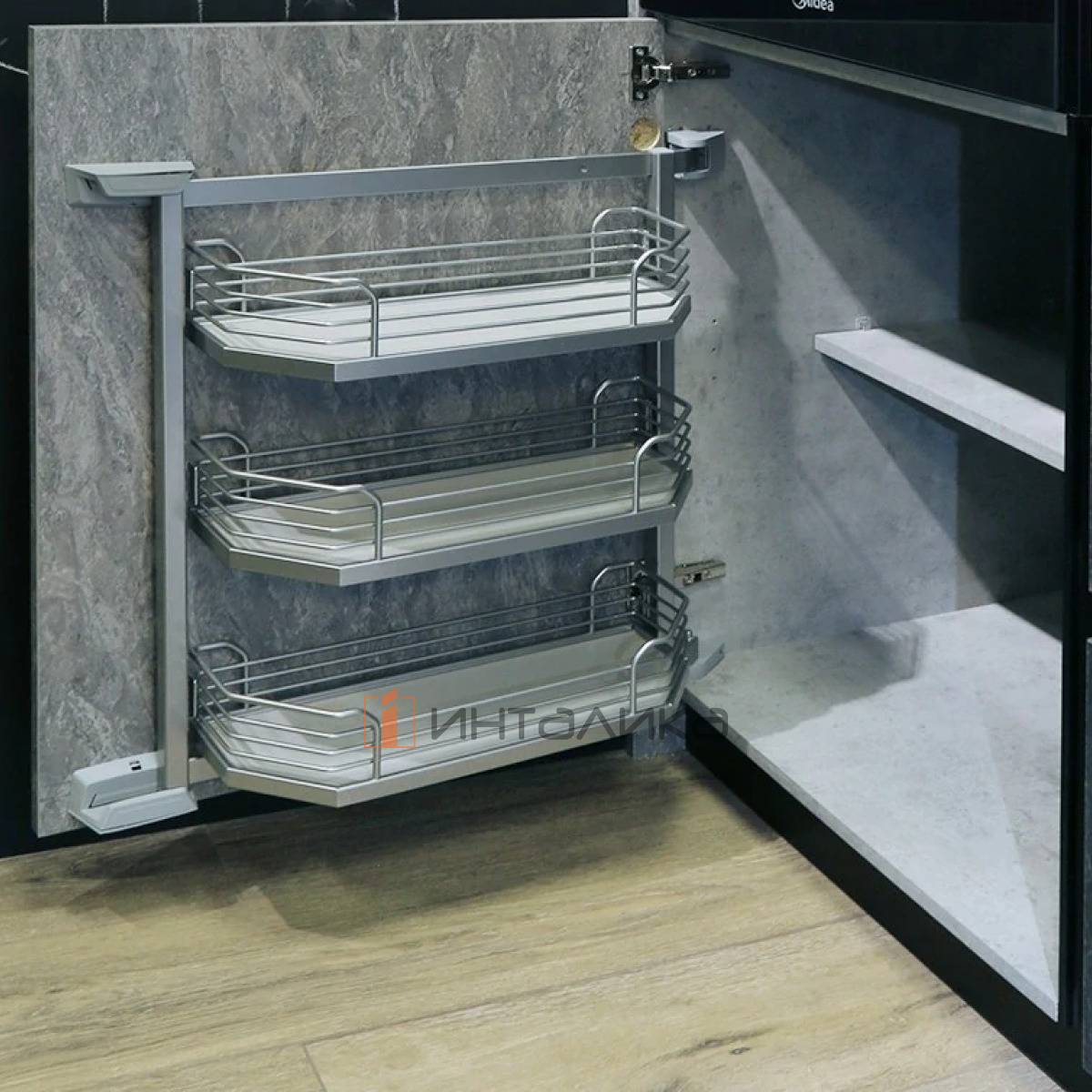 Распашной шкаф-колонна КЕССЕБЁМЕР / KESSEBOHMER Тандем Сайд 600, 2 полки Арена Классик, Антислип, H600, G25, хром