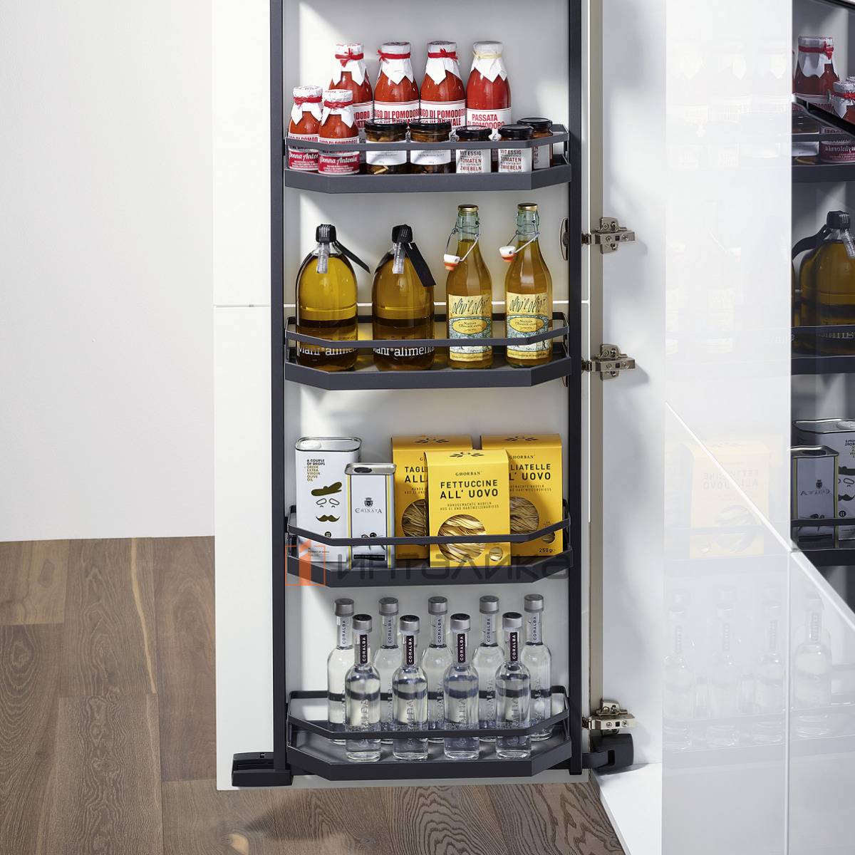 Распашной шкаф-колонна КЕССЕБЁМЕР / KESSEBOHMER Тандем Сайд 500, 4 полки Арена Стиль, Антислип, H1100, G25, антрацит