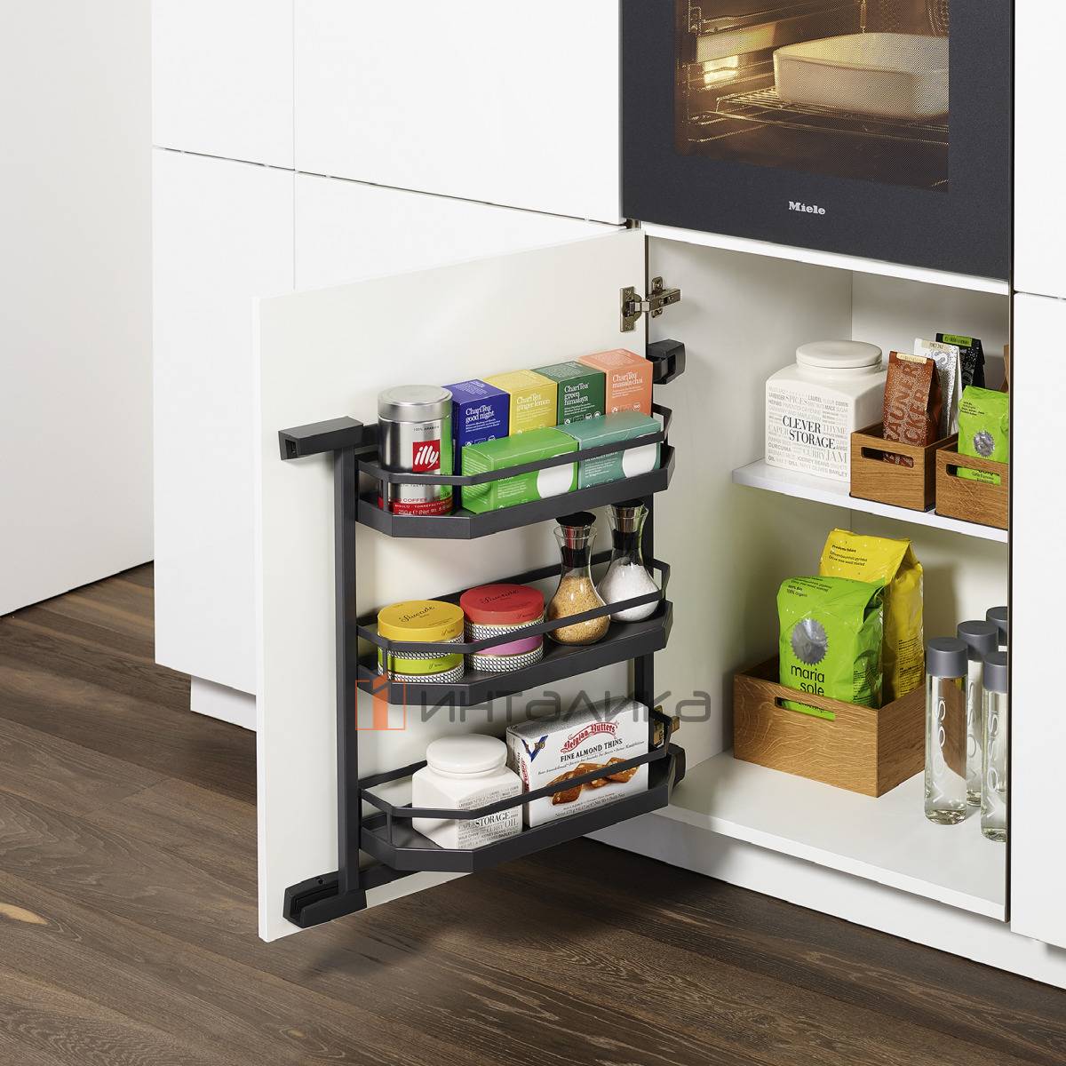 Распашной шкаф-колонна КЕССЕБЁМЕР / KESSEBOHMER Тандем Сайд 600, 3 полки Арена Стиль, Антислип, H800, G25, антрацит