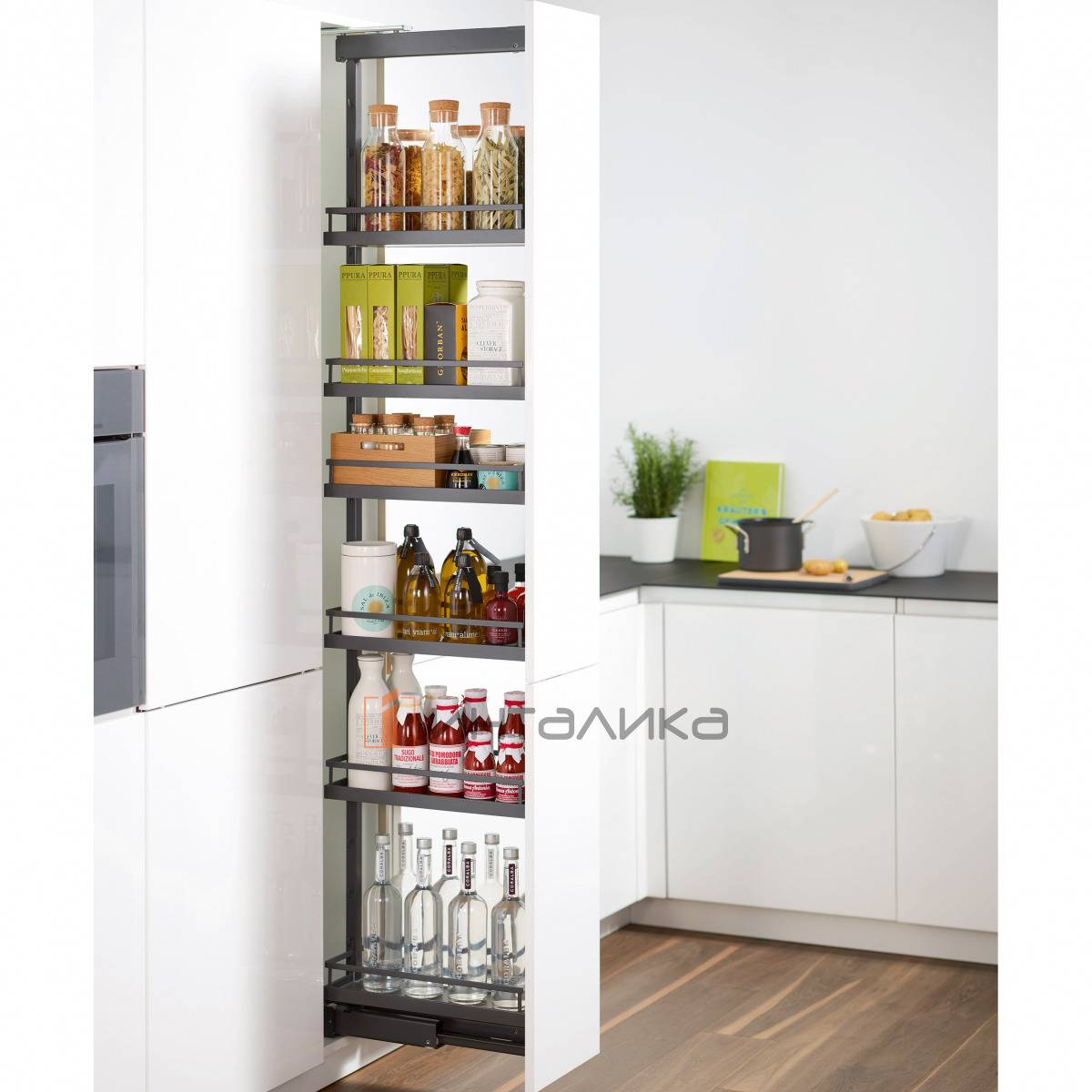 Выдвижной шкаф-колонна КЕССЕБЁМЕР / KESSEBOHMER Диспенса 150, 6 полок Арена Стиль, с доводчиком на закрывание, частичное выдвижение, Антислип, H1900-2300, G100, антрацит