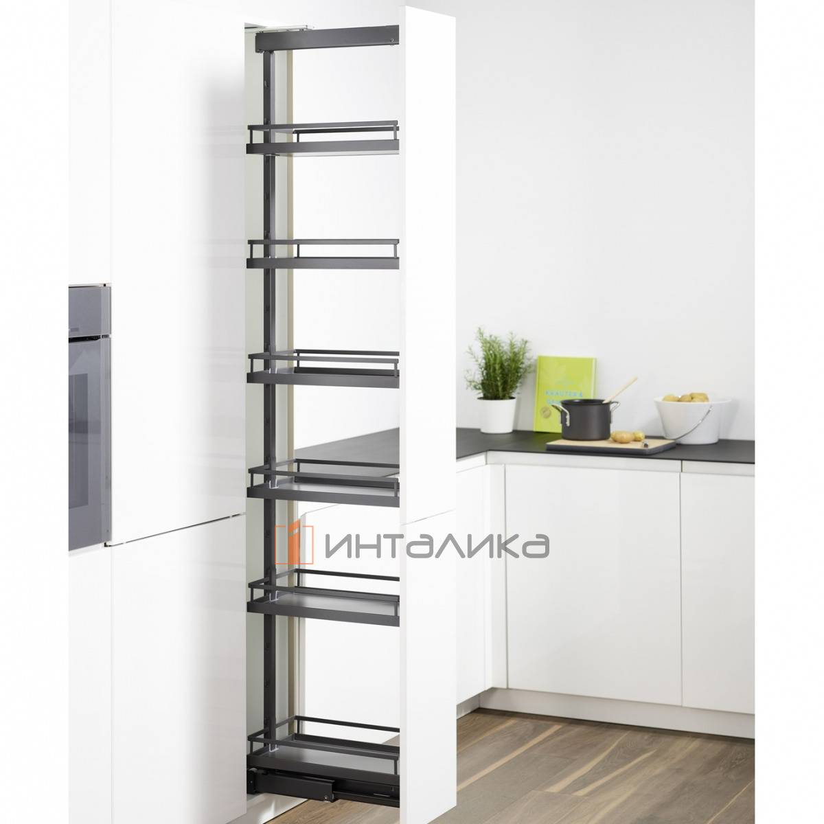 Выдвижной шкаф-колонна КЕССЕБЁМЕР / KESSEBOHMER Диспенса 450, 4 полки Арена Стиль, с доводчиком на открывание и закрывание, полное выдвижение, Антислип, 1900-2300, антрацит