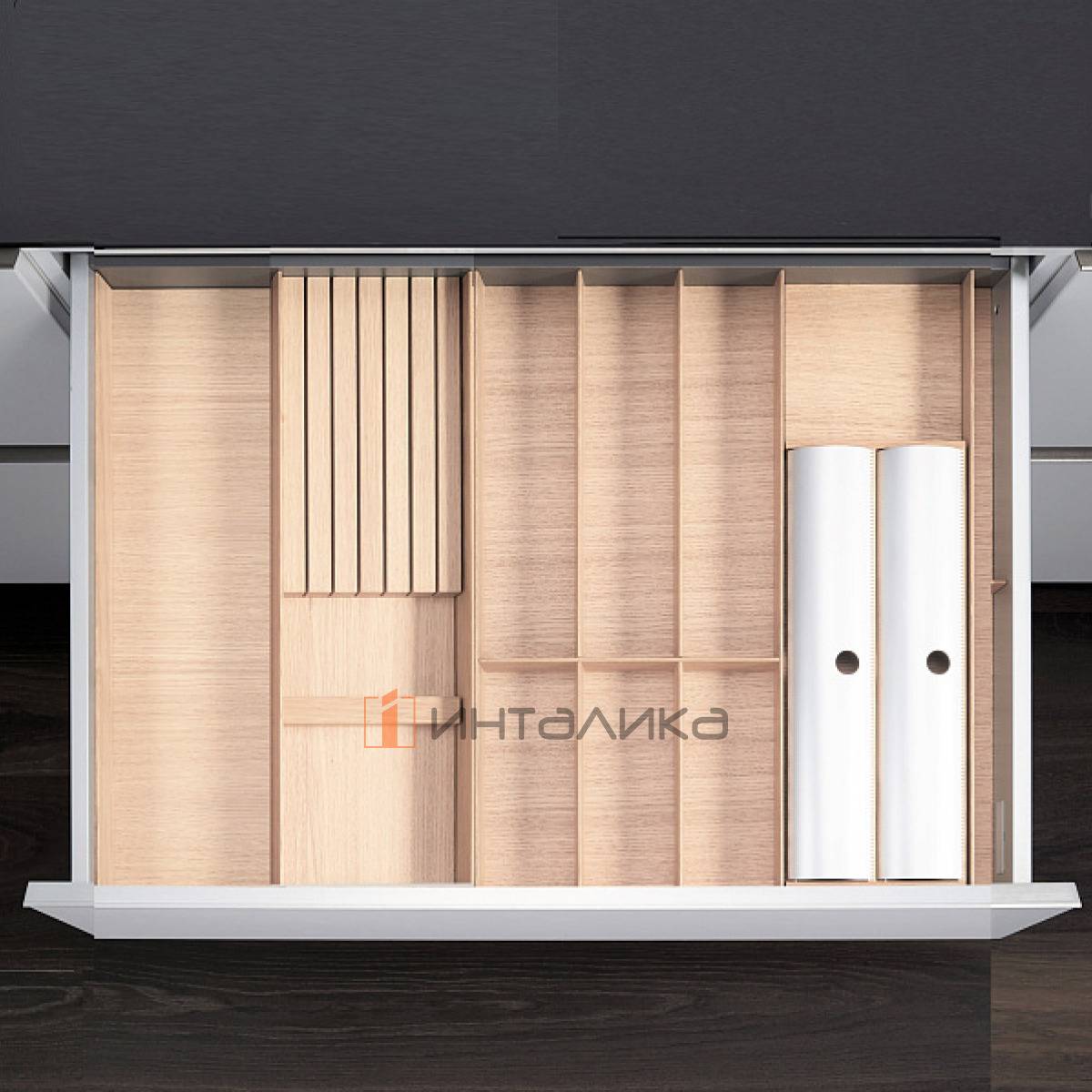 Лоток с держателем для ножей и фольги КЕССЕБЁМЕР / KESSEBOHMER ФайнЛайн Линик, 800-900х500, ясень светлый