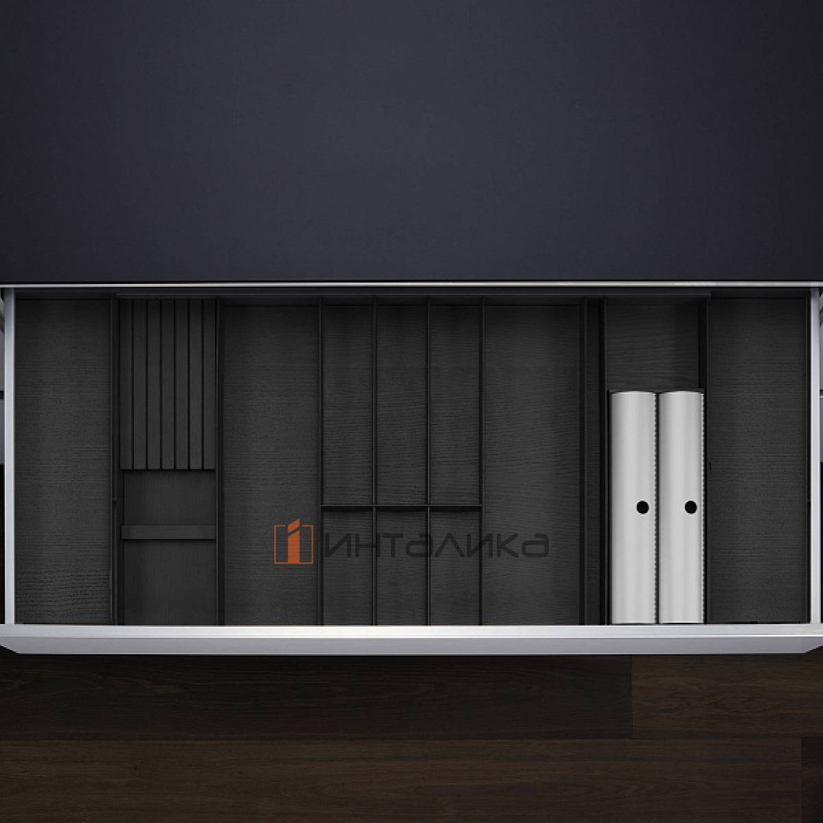 Лоток с держателем для ножей и фольги КЕССЕБЁМЕР / KESSEBOHMER ФайнЛайн Линик, 1000-1200х500, ясень черный