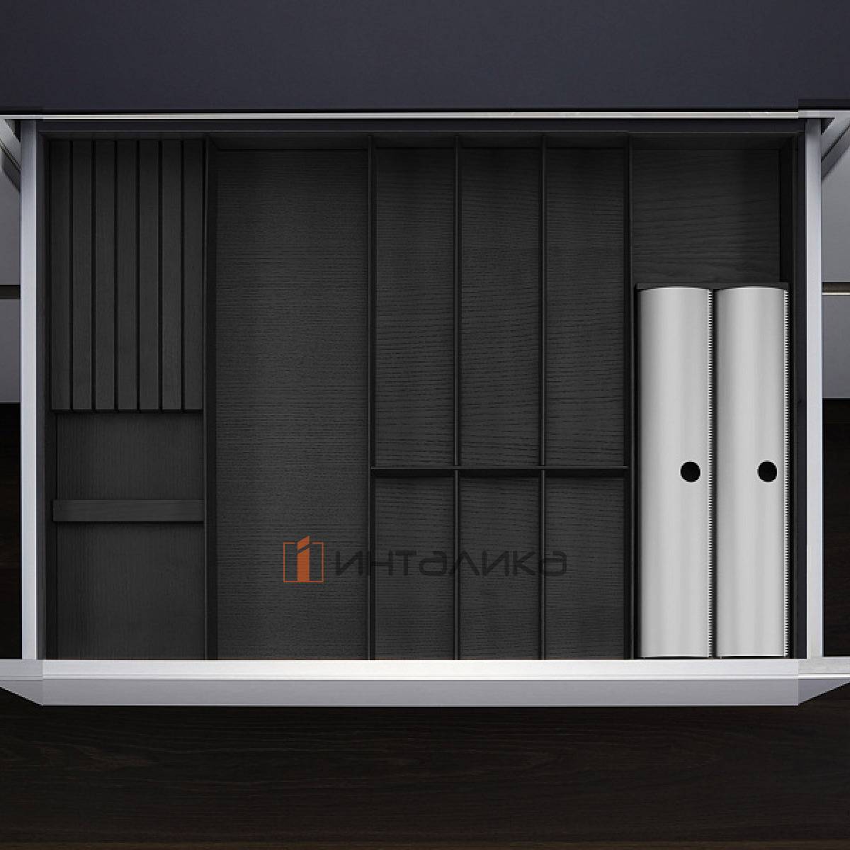 Лоток с держателем для ножей и фольги КЕССЕБЁМЕР / KESSEBOHMER ФайнЛайн Линик, 800-900х500, ясень черный