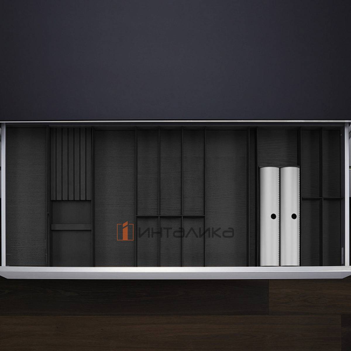 Лоток с держателем для ножей и фольги с разделителем КЕССЕБЁМЕР / KESSEBOHMER ФайнЛайн Линик, 1000-1200х500, ясень черный