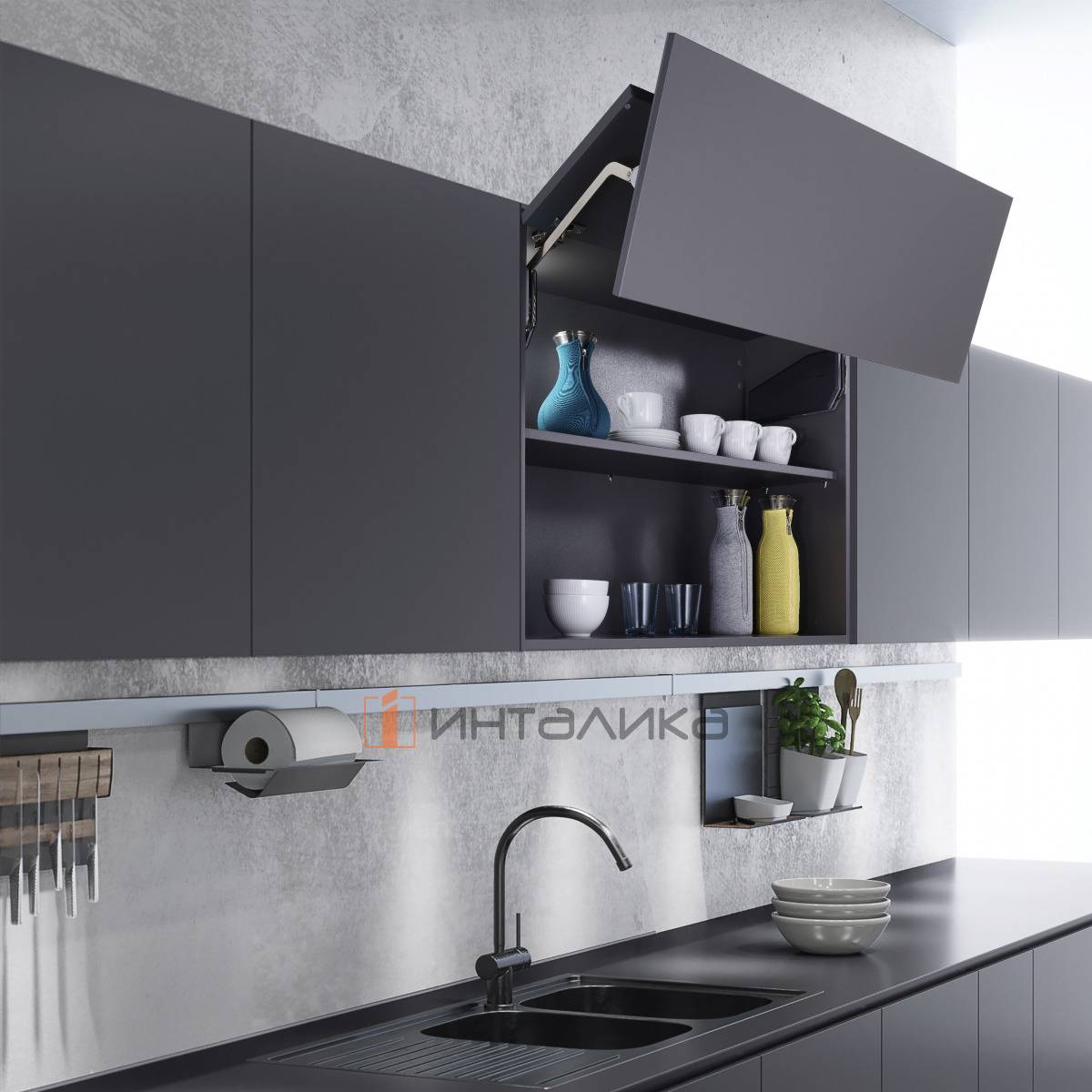 Комплект складного подъемного механизма КЕССЕБЁМЕР / KESSEBOHMER ФриФолд Шорт / Free Fold Short, тип G5fs, для деревянных фасадов, H 710-790мм G 8,5-14,4кг антрацит