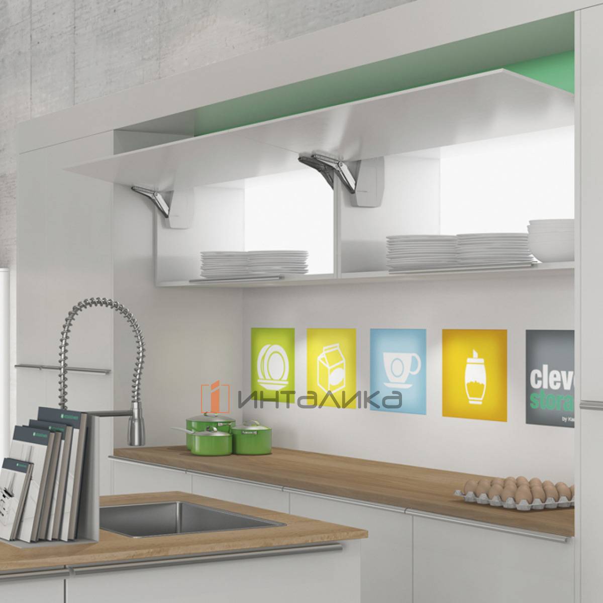 Комплект поворотного подъемного механизма КЕССЕБЁМЕР / KESSEBOHMER ФриФлэп Мини Открывание нажатием / Free Flap Mini P2O тип III Х1, серия C, для деревянных фасадов, белый