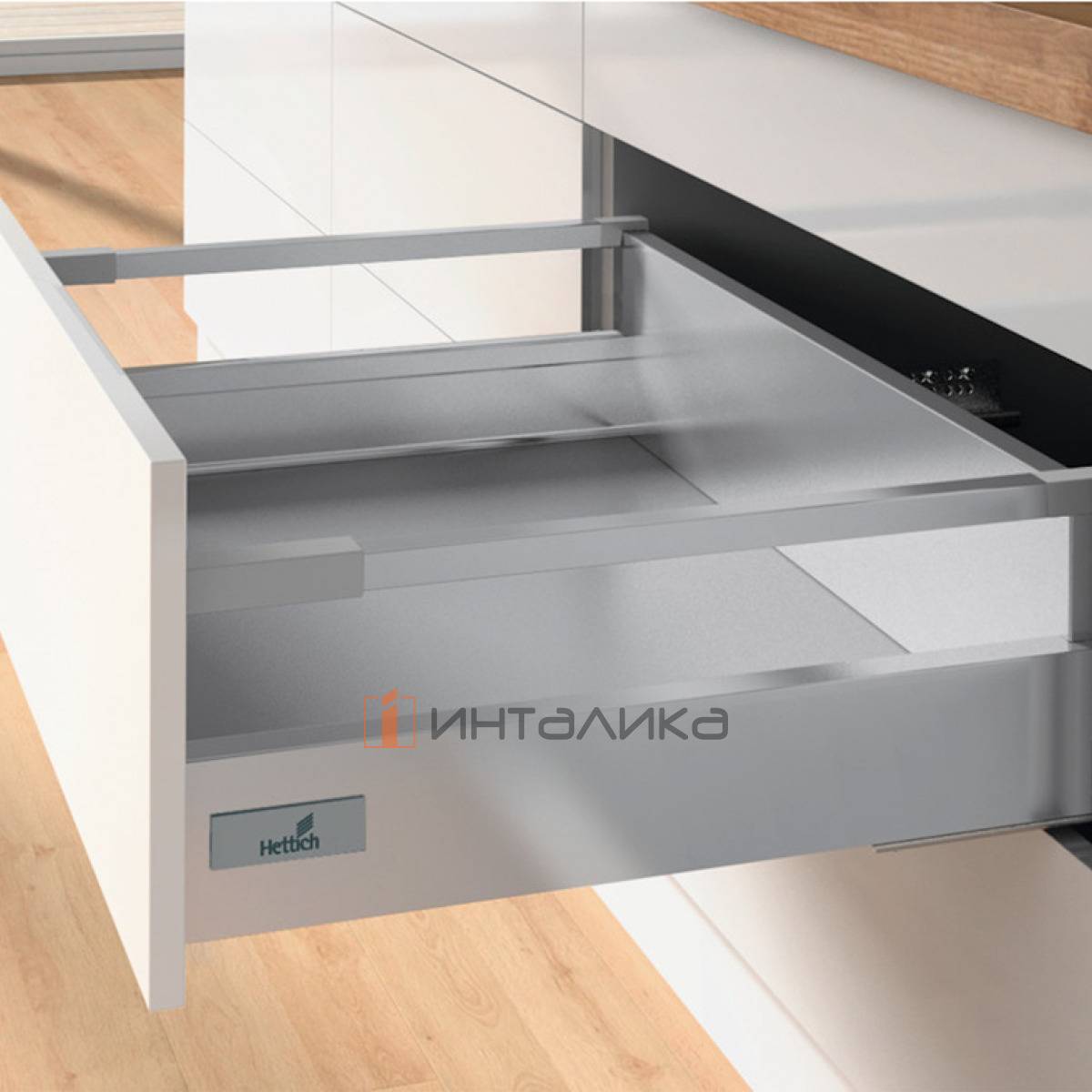 Фасадный ящик с релингом HETTICH ИнноТех Атира Квадро V6 Открывание нажатием / InnoTech Atira Quadro V6 Push to Open, полное выдвижение, H144, NL260, G30, под саморез, серебристый