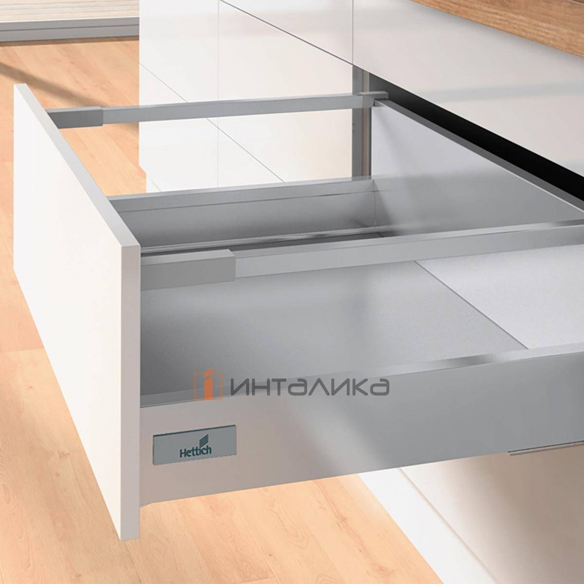 Фасадный ящик с релингом HETTICH ИнноТех Атира Квадро Бесшумное закрывание / InnoTech Atira Quadro V6 Silent System, полное выдвижение, H176, NL470, G30, под саморез, серебристый