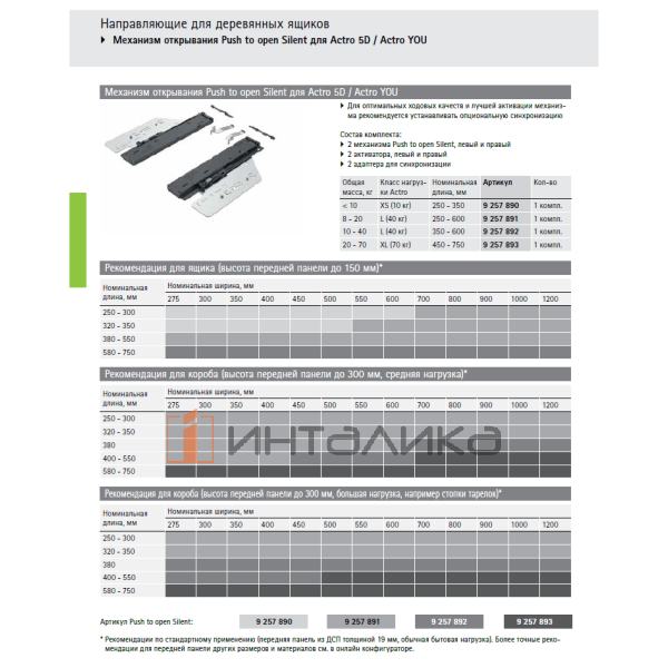 Комплект направляющих HETTICH Актро 5D / Actro 5D L, полное выдвижение, открывание нажатием, бесшумное закрывание, NL500, G70 , вес ящика 20-70 кг, ЕВ 21, с замками