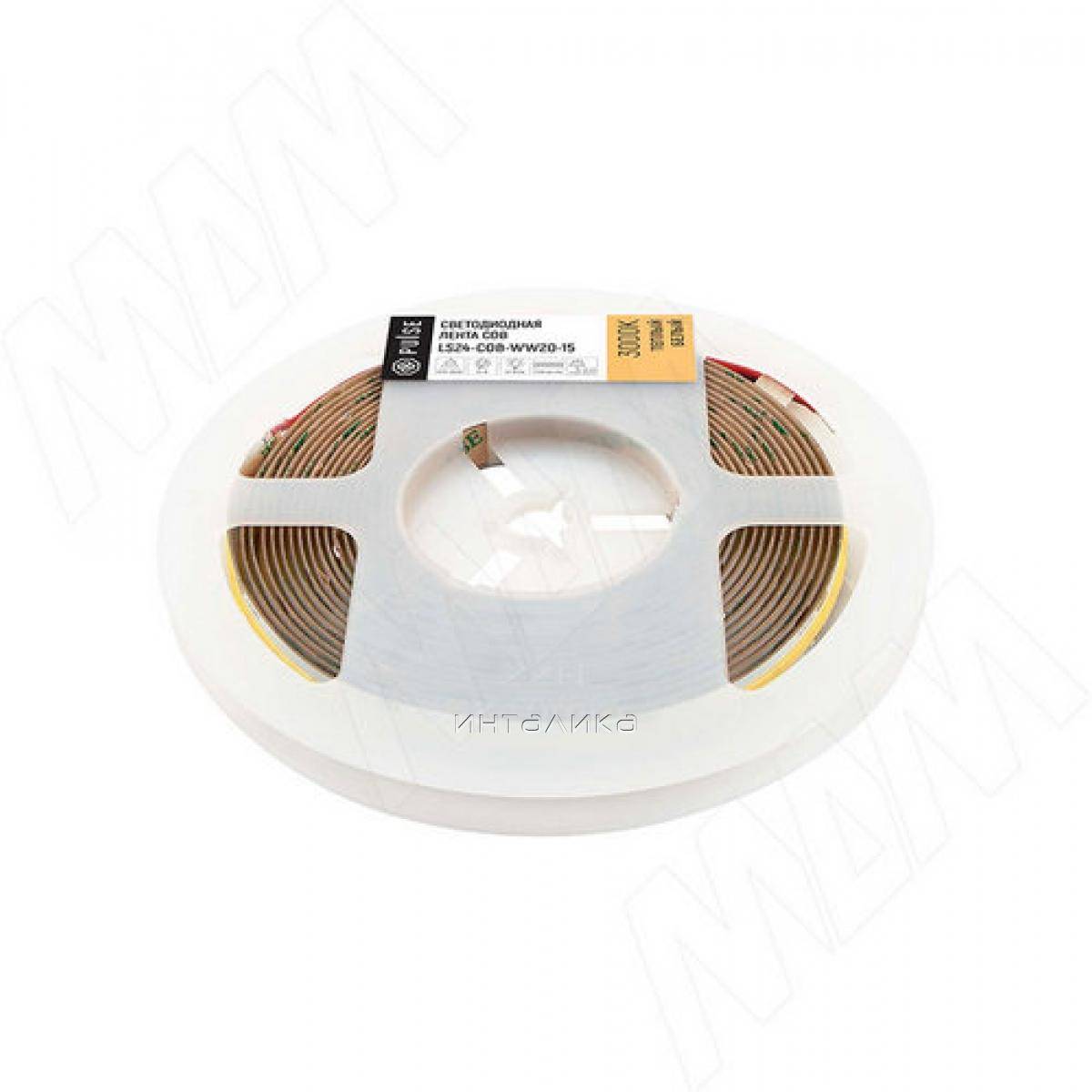 LUX, COB лента светодиодная, 528 диодов, 24V, 5 м, CRI 90, теплый белый 3000К, IP20, 15W/1м (LS24-COB-WW20-15)