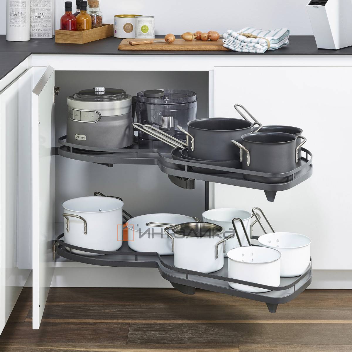 Комплект КЕССЕБЁМЕР / KESSEBOHMER Ле Манс 400, 2 полки Арена Стиль, 2 доводчика, антискользящее покрытие, H600-750мм, правый, антрацит