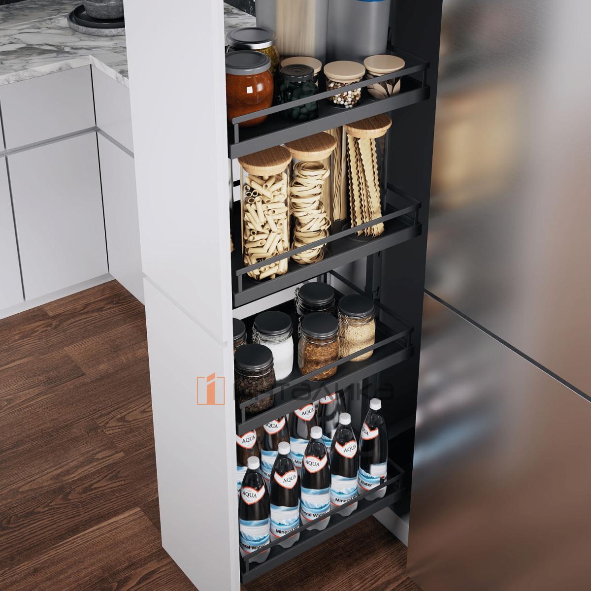 Выдвижной шкаф-колонна КЕССЕБЁМЕР / KESSEBOHMER Диспенса 250, 4 полки Арена Стиль, с доводчиком на закрывание, частичное выдвижение, Антислип, H1200-1600, G100, антрацит