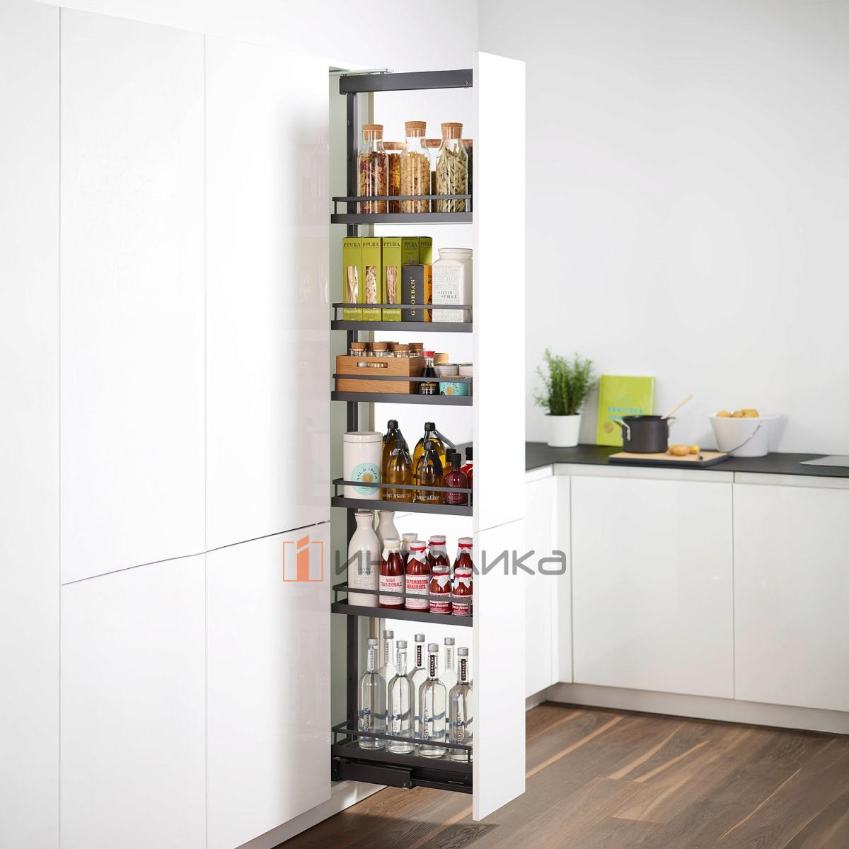 Выдвижной шкаф-колонна КЕССЕБЁМЕР / KESSEBOHMER Диспенса 250, 6 полок Арена Стиль, с доводчиком на закрывание, частичное выдвижение, Антислип, H1900-2300, G100, антрацит