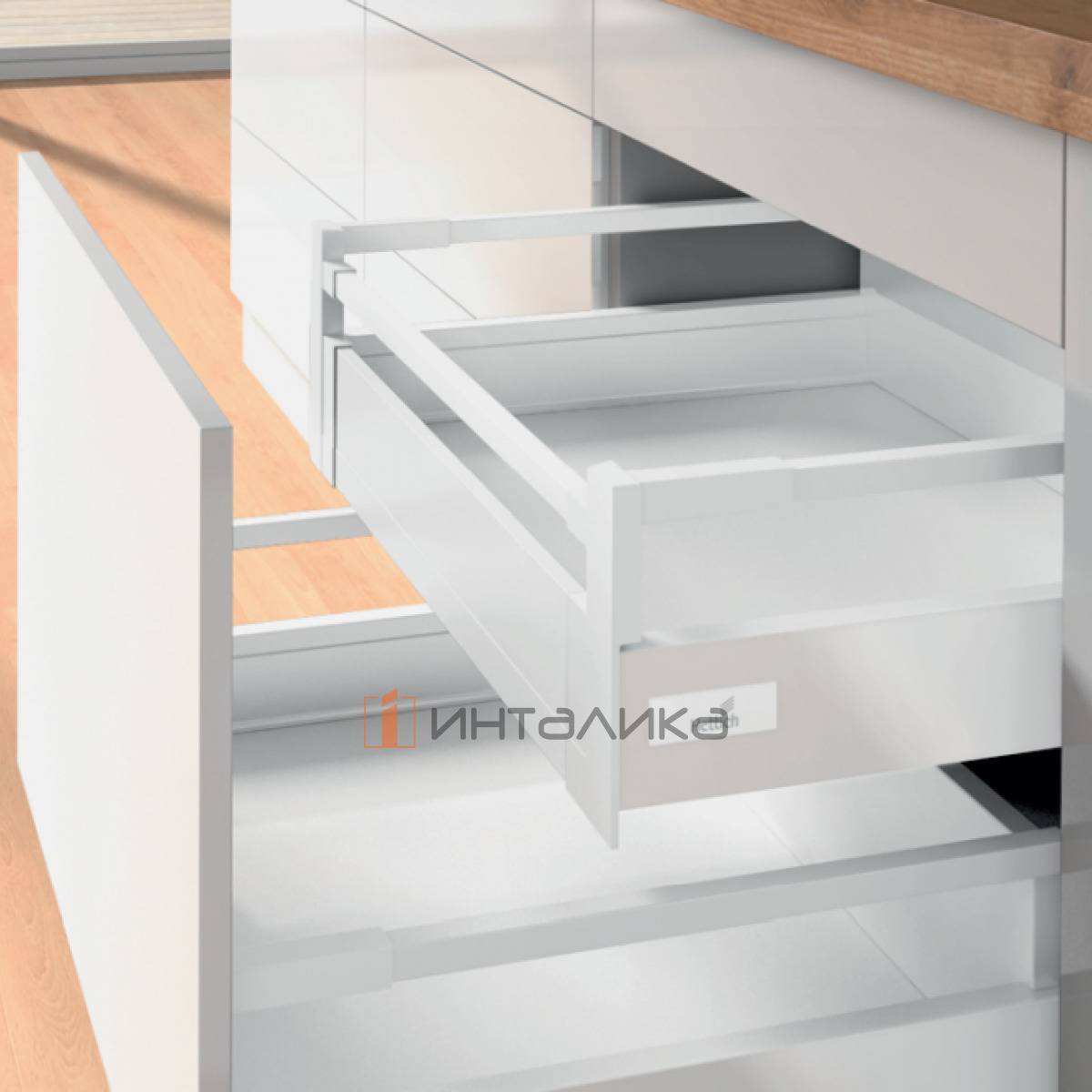 Внутренний ящик с релингом HETTICH ИнноТех Атира Квадро V6 Открывание нажатием, бесшумное закрывание / InnoTech Atira Quadro V6 Push to Open Silent, полное выдвижение, B600, H144, NL420, G30, снаряжённый вес ящика 8-20кг, белый